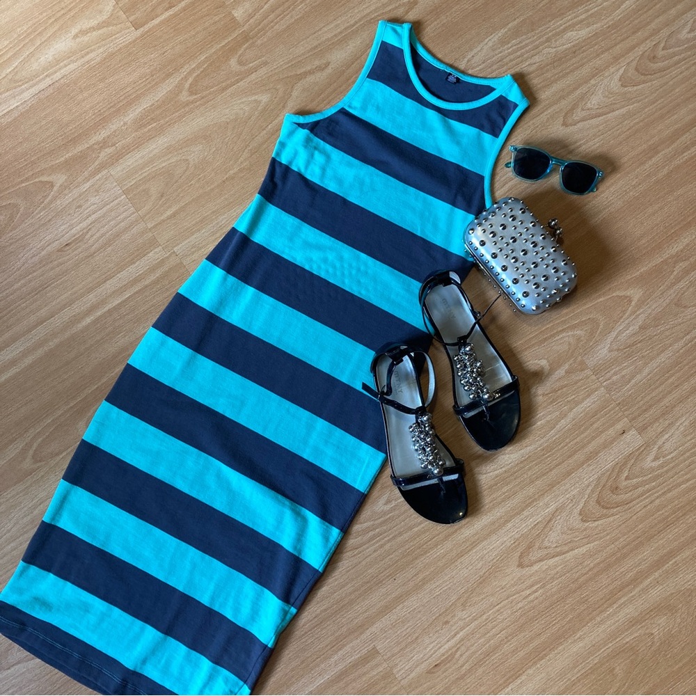 Turquoise/grey striped midi dress, size small